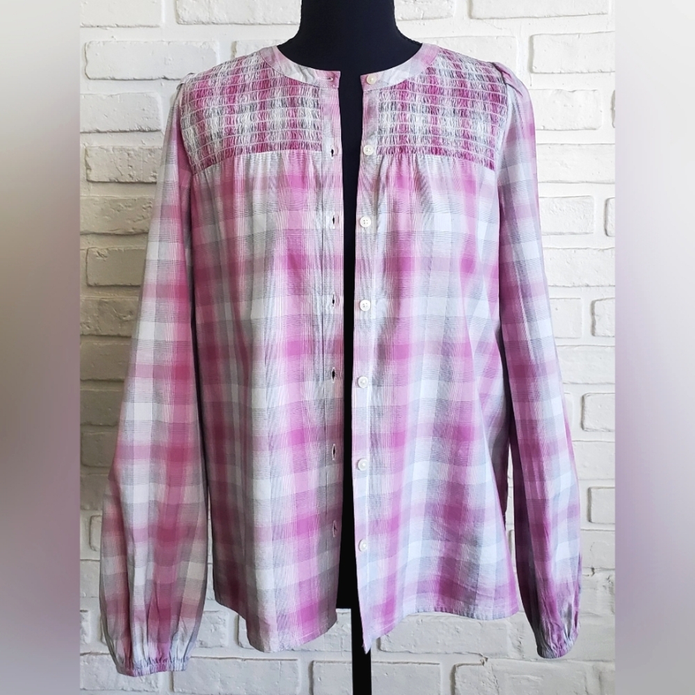 NWT LOFT Pink Plaid Smocked Yoke Button Front Blouse - Size XS - Picture 6 of 14